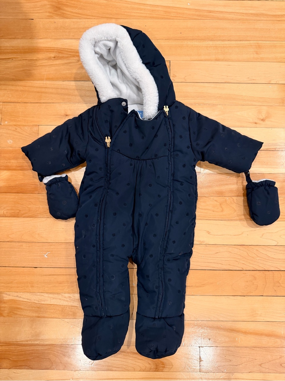 Jacadi Navy Hooded Fleece-Lined Baby One-Piece Snowsuit with Mittens